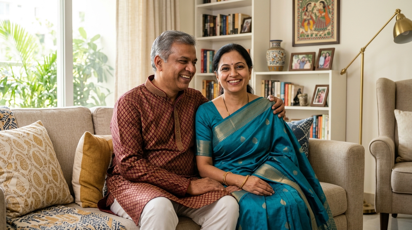 Warm and happy Indian parents smiling after verifying groom details with MatriSure
